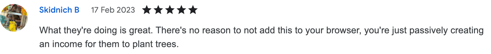 What they're doing is great. There's no reason to not add this to your browser, you're just passively creating an income for them to plant trees.